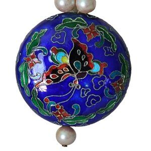 Vintage Hobe' Signed Necklace,  Pendant, Cloisonne, Blue Free-Form 2-Side Design